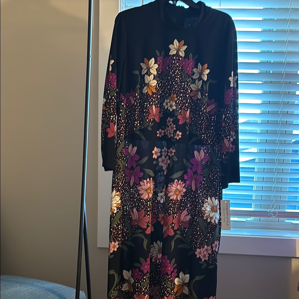 Floral Long Sleeve Dress - Black and Purple